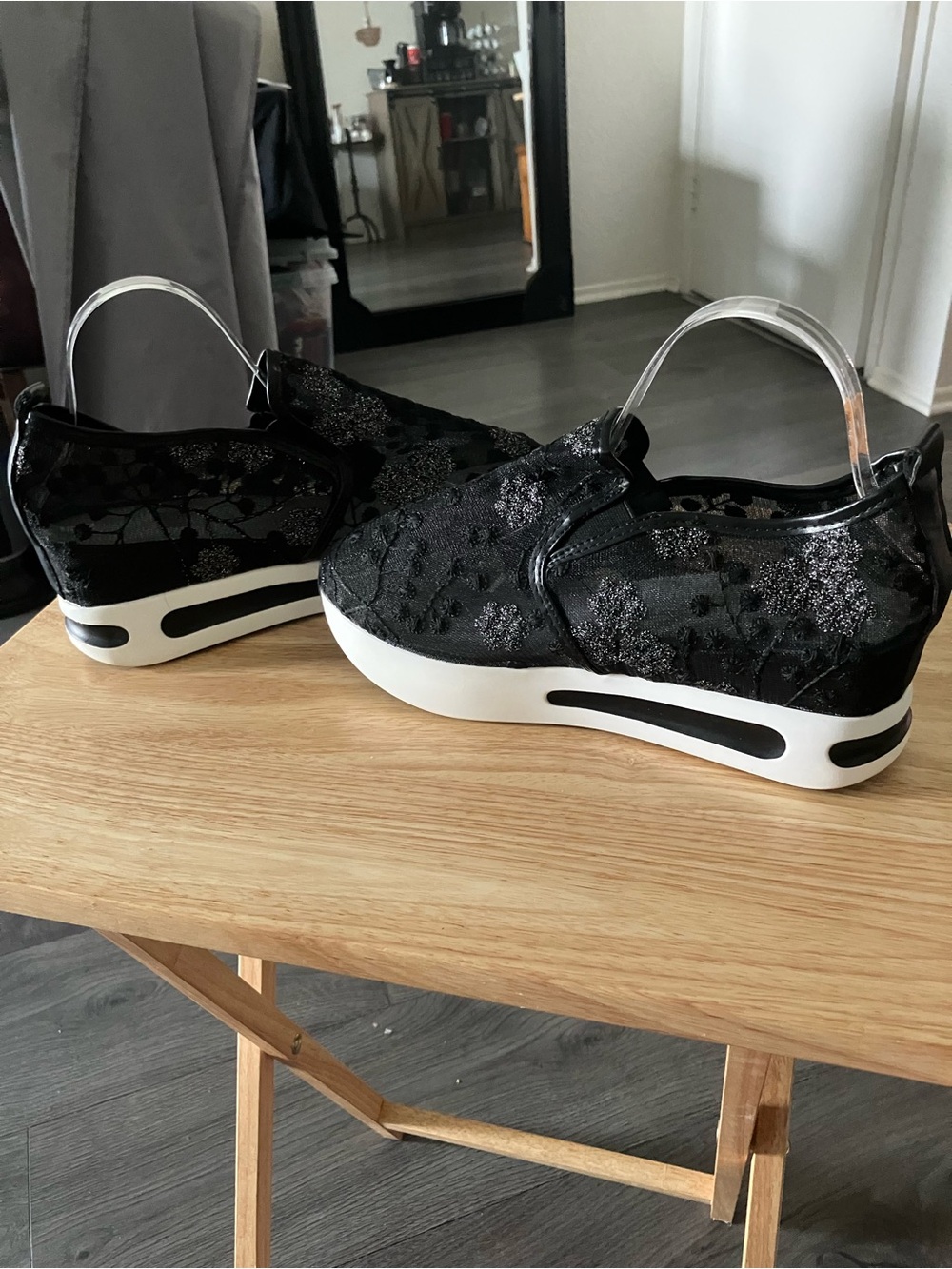 Black Lace Platform Slip-On Wedge Sneakers